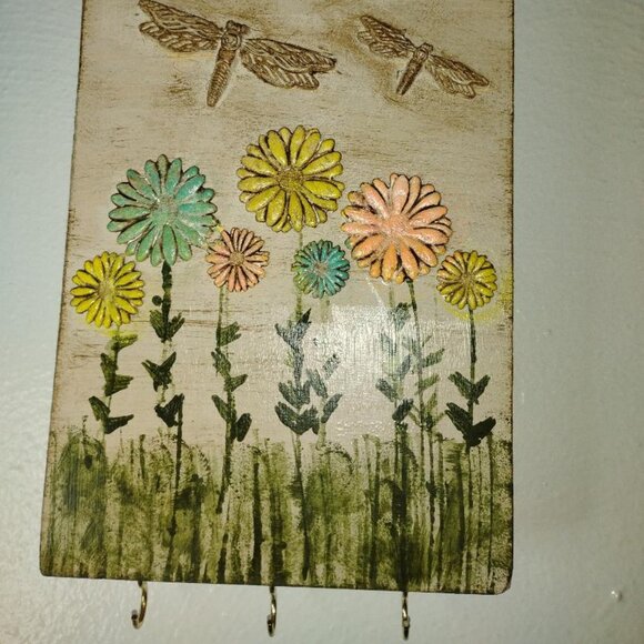 Wood Key Holder w/ Flowers and Dragonflies. Handmade. 3 Key Hooks at Bottom. - Picture 2 of 6